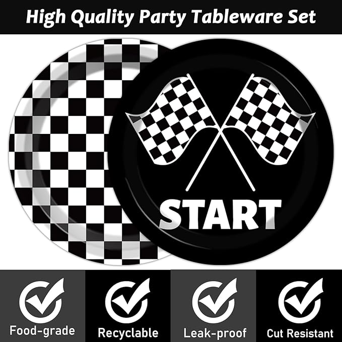 CHUNNIN 50 PCS Black and White Checkered Party Plates for Race Car Themed Party Decoration - 7 Inch Race Car Checkered Birthday Paper Disposable Dessert Plates for Kids Boys and Girls Party Supplies