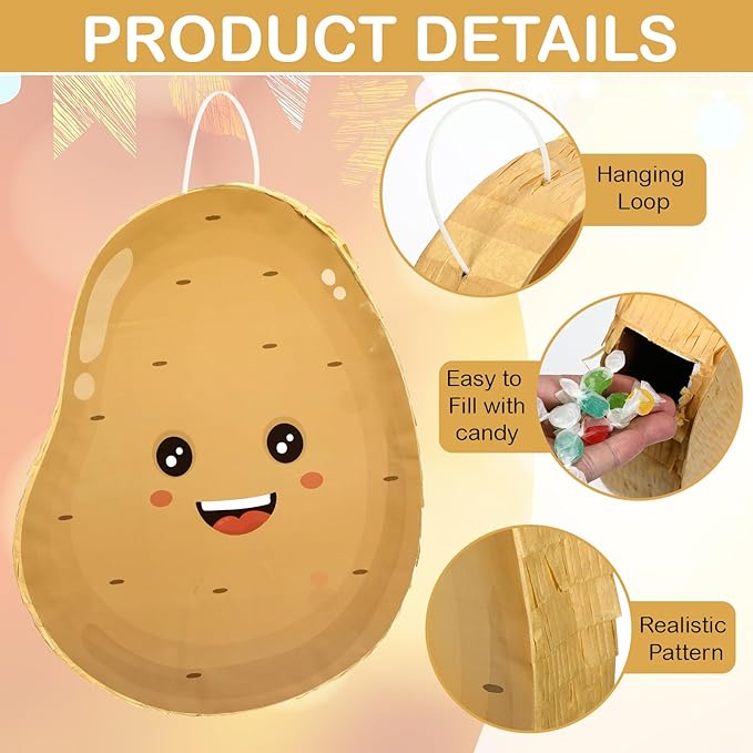 Potato Piñata for Kids Birthday Party 15 x 12 x 2.8 Inches Veggies Theme Piñata with Stick Blindfold and Confetti for Baby Shower Photo Props Cinco De Mayo Fiesta Decoration