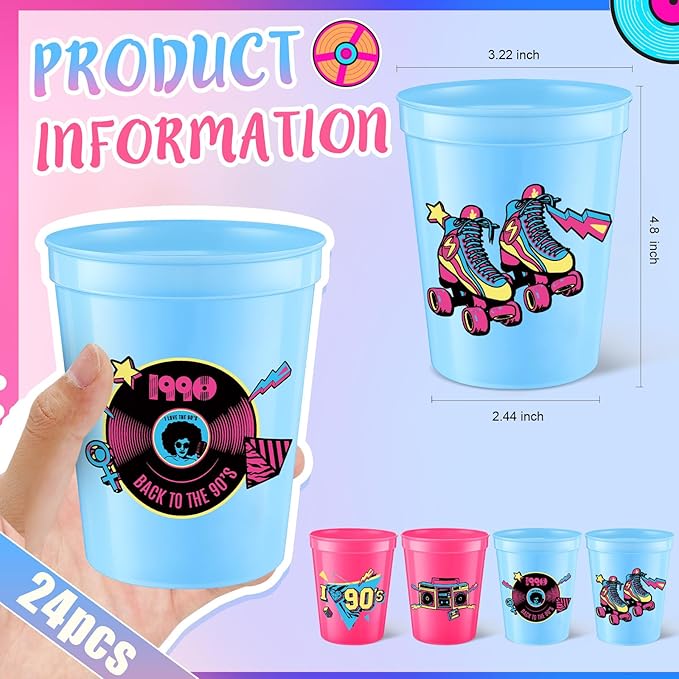 24 Pcs 90s Theme Cups 16 oz Reusable Thick Retro Disco Party Plastic Drinking Cup Rose Red and Blue Retro Music Throwback Dance Party Decorations Birthday Supplies