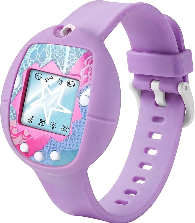 Soft Silicone Wristband for Tamagotchi Original, for Gen 1/2, Neon, Retro Flowers, 90s, Fresh Strawberry, Adjustable Anti-Drop Strap for Kids, Teens, Adults, Parents & 90s Nostalgia Lovers (Purple)