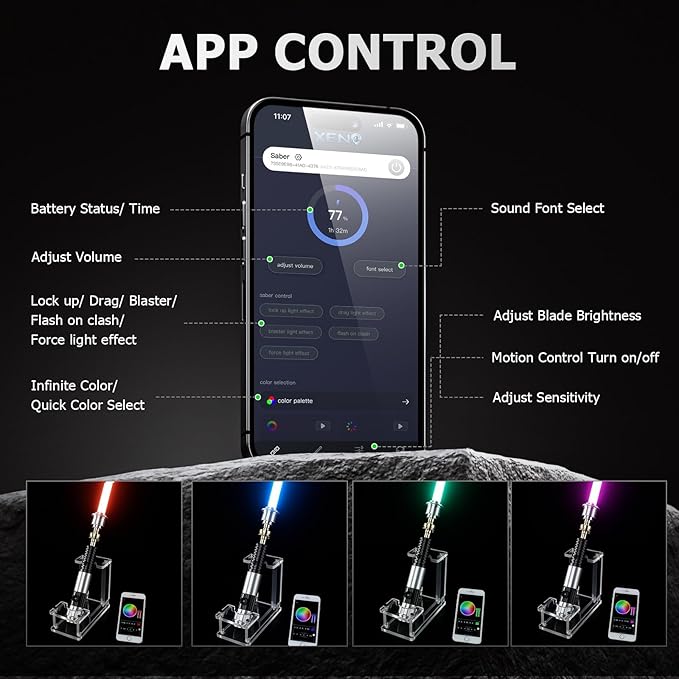 Upgrade App Control OBW Dueling Lightsaber, Smooth Swing 34 Sound Effects 12 Light Effects, 16 Colors and Infinite Change Metal Light Saber for Adults (Pixel-OBW)