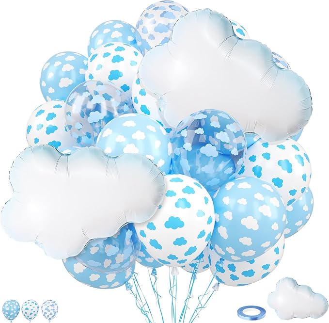 Cloud Balloons, 12 Inch White Blue Transparent Clouds Printed Latex Balloons with Cloud Foil Balloons for Sky Theme Birthday Party Baby Shower Wedding Decorations