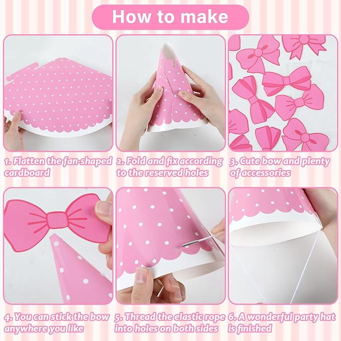 24pcs Pink Cat Party Hats Bow Birthday Party Supplies Cartoon Cute Cone Hats Pink Cat Stripe Dot Paper Hat with Elastic String for Girls Baby Shower Bridal Shower Decorations