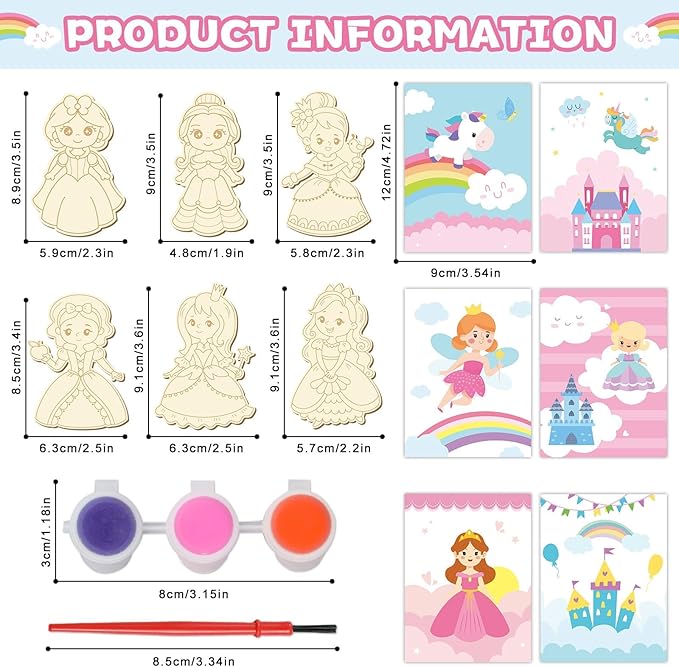 36Pcs Princess Party Favors Birthday Supplies Decorations-Cards with Art Crafts Castle Fairies DIY Wooden Painting Craft Kits Thank You for Coming Gifts Bulk Goodie Bags Stuffers Prizes for Kids Girls
