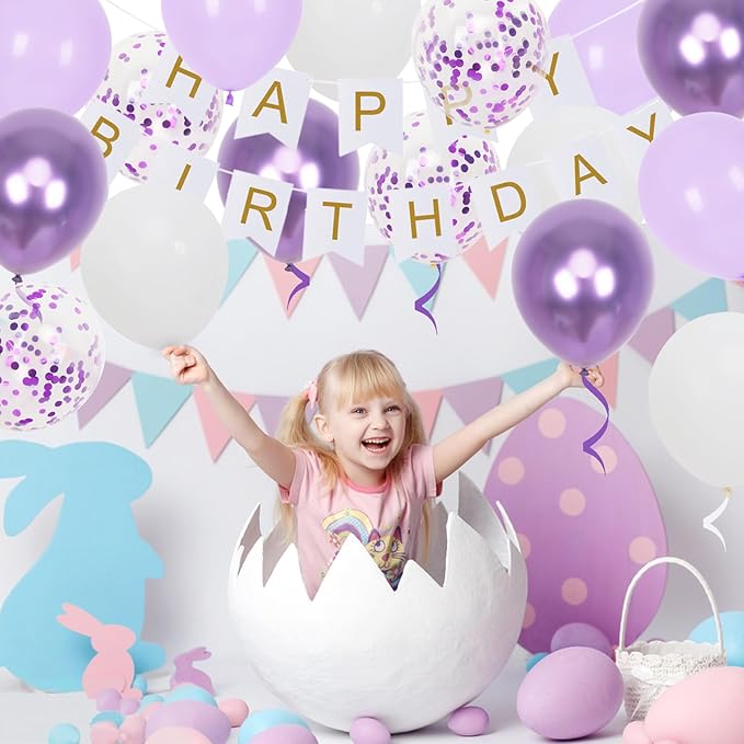 Happy Birthday Banner, Purple Birthday Decoration, 16 Pcs 12in Balloons with 2 Ribbons for Men Women Girls and Boys Party Decoration