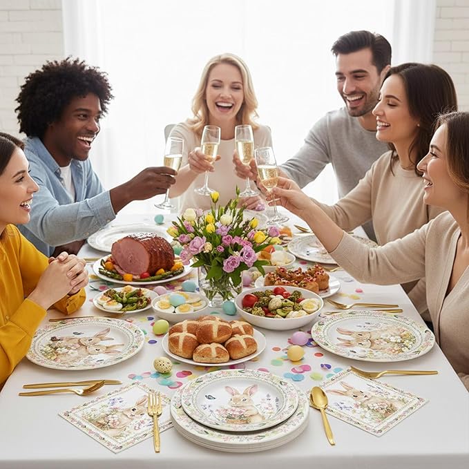 100 Pcs Easter Bunny Tableware Party Supplies, Serves 25, Disposable Vintage Floral Bunny Paper Plates, Napkins, and Gold Forks, Spring Dinner, Birthday, Easter Day Brunch Party Decorations