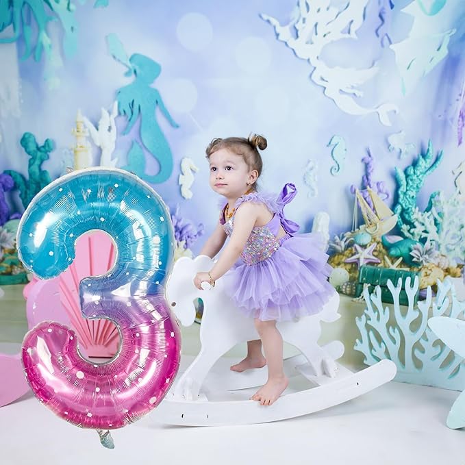 Large Blue Pink Starry 3 Balloons, 40 Inch Giant Mermaid Helium Mylar Foil Globos Numero for Girls, Self Inflating Rainbow 3rd Birthday Balloon for Women Three Anniversary Party Decorations Supplies