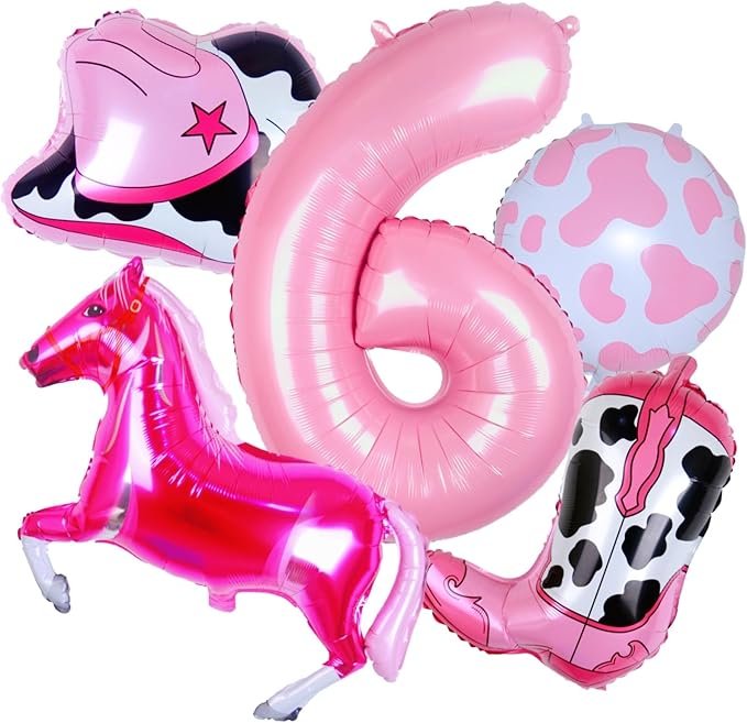 Western Cowgirl Balloons Pink 6th Birthday Party Decorations, Retro Horse Cowgirl Hat Boot Balloons Girls Western Theme Rodeo Birthday Party Decorations Supplies Decor (32 Inch Pink 6 balloon)