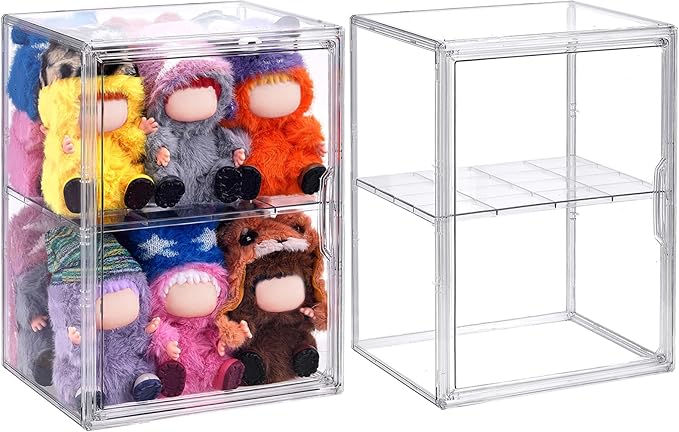 2 Pack Acrylic Display Case Compatible with Labubu POP MART, Clear Hobby Figure Display Case with Magnetic Door Stackable Storage Box Shelf Showcase for Funko Pop MART Labubu Doll Collectibles, Large