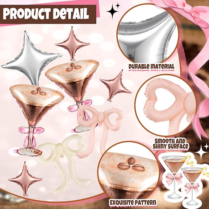 Civaner 12 Pcs Espresso Martini Balloon with 2 Realistic Giant 32 x 26 Inches Martini 4 Pink Bow and 6 Star a Tini Bit Older Birthday Party Decor for Bachelorette Bridal Shower Wedding Party Supplies