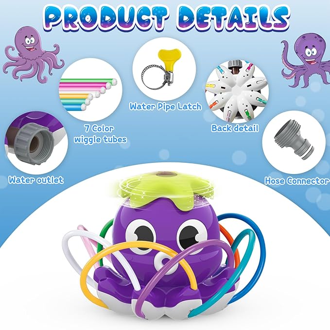 Outdoor Water Spray Sprinkler for Kids and Toddlers, Summer Outside Toys Backyard Games with 8 Wiggle Tubes, Attaches to Garden Hose Splashing Fun Toys for 3 4 5 6 7 8 Year Old Boys Girls Gifts