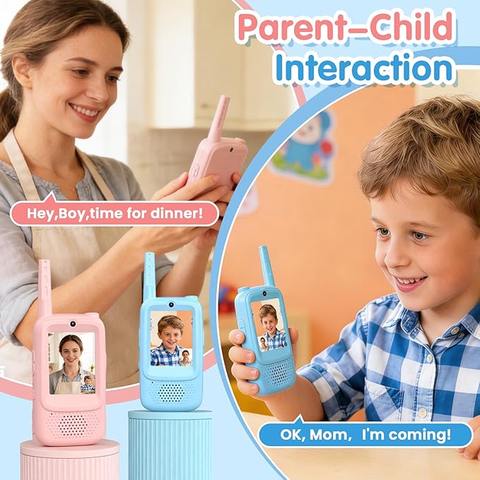 Video Walkie Talkies for Kids, 2 Pack Rechargeable Kids Walkie Talkies with Video Intercom Voice Changer, Indoor Outdoor Toy for Family Games, Camping, Hiking Gift for Boys Girls Ages 3-10 (Blue/Pink)