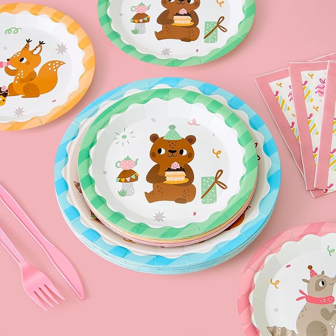 144Pcs Forest Woodland Animal Birthday Party Supplies Decorations Paper Plates Napkins Vintage Party Tableware Disposable Jungle Dinnerware Set for Kids Birthday Baby Shower Table Decor, Serve 24