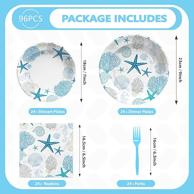 96Pcs Coastal Beach Party Decorations Blue Seashell Starfish Coral Plates and Napkins Sets Nautical Ocean Birthday Party Decorations for Summer Beach Baby Shower Wedding Party Supplies Serves 24