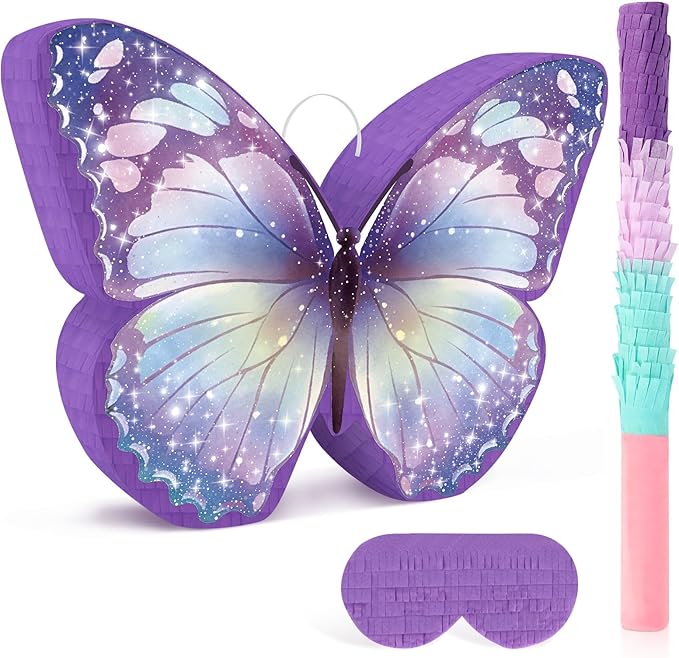 Hooqict Butterfly Piñata Purple Butterfly Pinata with Blindfold and Bat Stick for Kids Girls Spring Garden Family Games Purple Fairy Birthday Party Decorations Supplies