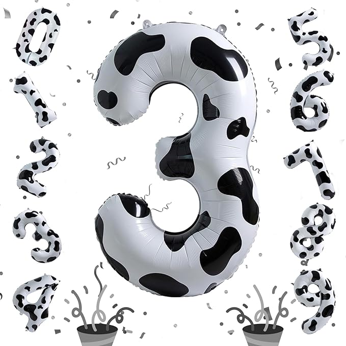 Large Number Balloons 40 Inch, Cow Print Self Inflating 3 Balloons for Boys Girls Cowboy Cowgirl Theme Party Decor Baby Shower 3rd Birthday Party Decoration Farm Animal Theme Party Supplies
