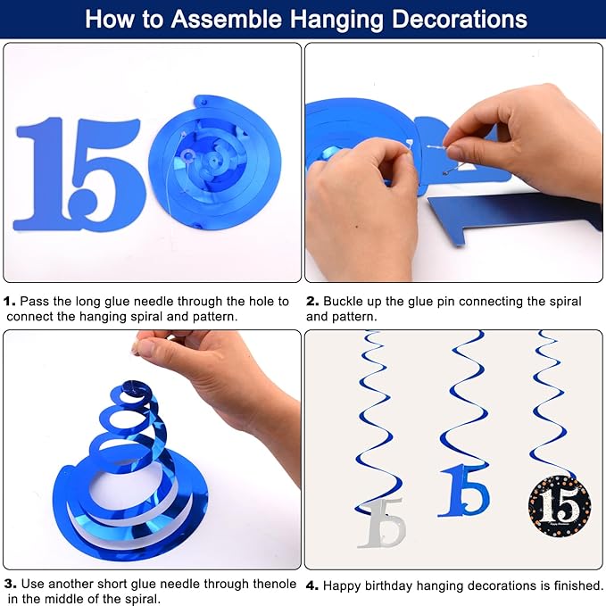 15th Birthday Decorations for Boys Girls, Navy Blue Happy 15th Birthday Door Banner Sign, 15 Years Old Party Supplies Teenagers Bday Backdrop Balloons Hanging Decors