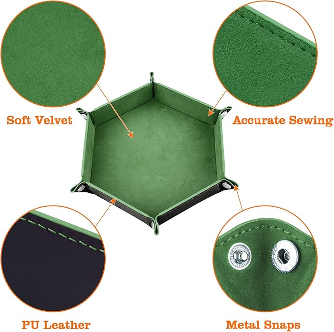 SIQUK 2 Pieces Dice Tray PU Leather Dice Trays Portable Folding Hexagon Dice Roller Tray for Dice Games Like RPG, DND and Other Table Games (Green, Camel)