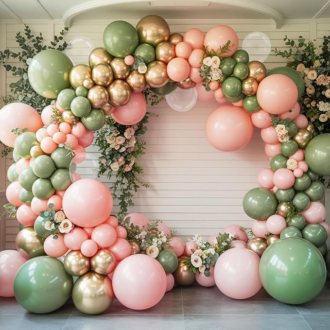 Retro Sage Green and Pink Balloons, 12 inch Metallic Gold Olive Green Pink Clear Latex Balloon for Jungle Safari, Christmas, Nutcracker, Woodland, Birthday Party Decoration