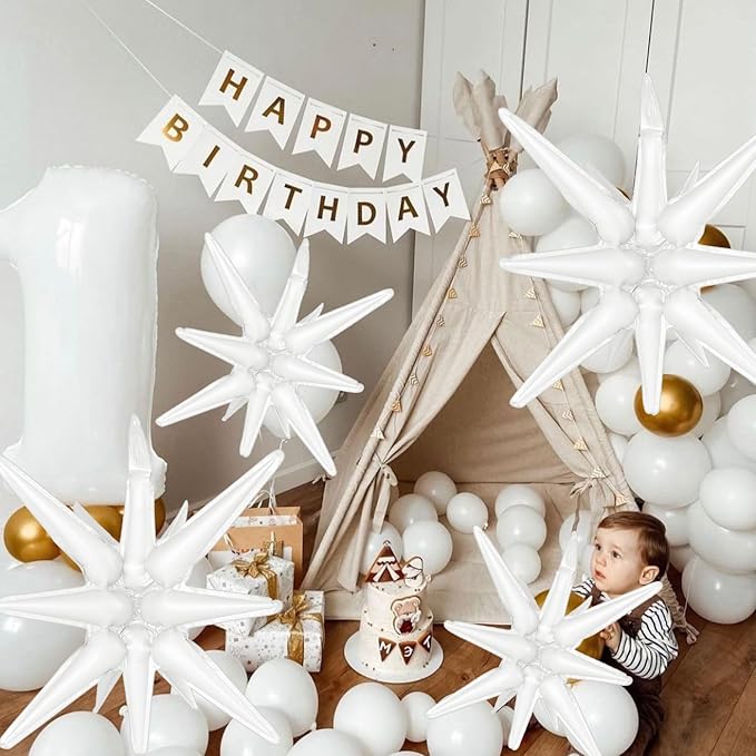 6 Pcs White Star Foil Balloons One-Piece 14-Pointed Star Balloon 4D Starburst Cone Mylar Balloon 22inch Christmas Birthday Wedding Wedding Anniversary Party Supplies (22&27 Inches White)