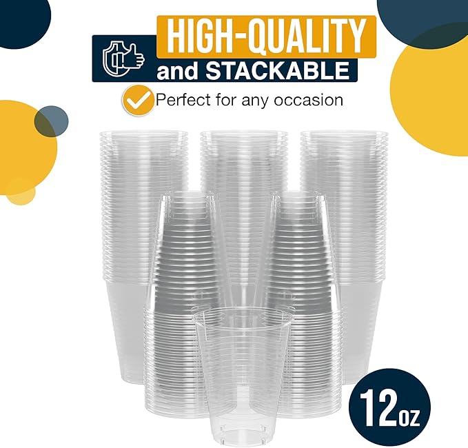 Exquisite Party Solids 12 Oz Clear Plastic Cups For Party Supplies 50 Pack | Clear Disposable Cups Plastic | Disposable Drinkware For Parties, Events & Everyday