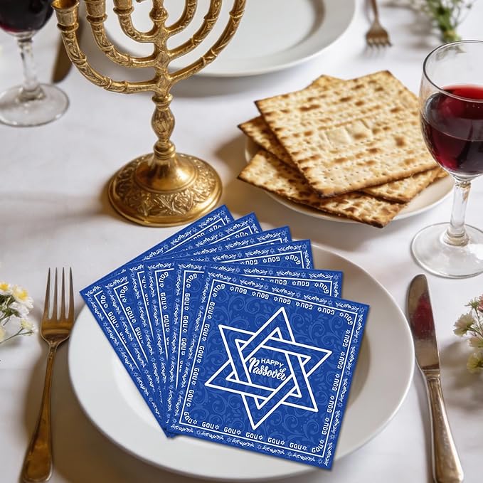 50Pcs Happy Passover Party Napkins Passover Seder Party Decorations Judaica Passover Theme Party Supplies Disposable Drink Luncheon Dinner Table Decor Supplies Napkins 6.5" x 6.5"