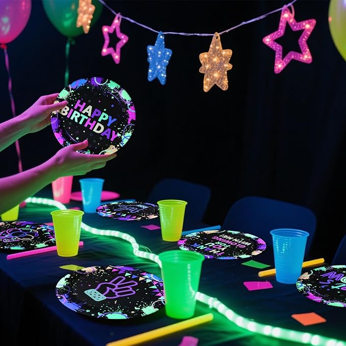 60 Pcs Neon Plates, 9'' Neon Party Decorations Paper Plates for Glow in the Dark Party Supplies Let's Glow Decor