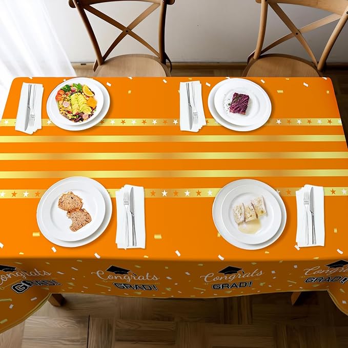 Childom 3 Pack Graduation Tablecloth,Graduation Decorations Class of 2026 Graduation Party Decorations,54"x108" Orange and Gold Plastic Table Cloth Disposable Rectangle for Home,School,Party Supplies