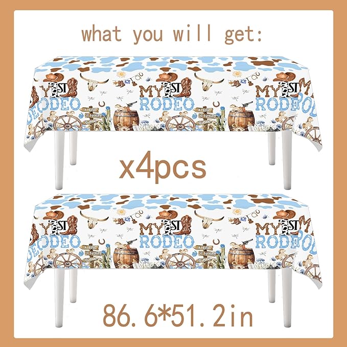 4ps My First Rodeo Birthday Party Supplies Tablecloth Western Cowboys 1st Rodeo Bday Plastic Table Covers My 1st Rodeo Boys Bday Baby Shower Party Supplies Decorations (Blue First Rodeo)