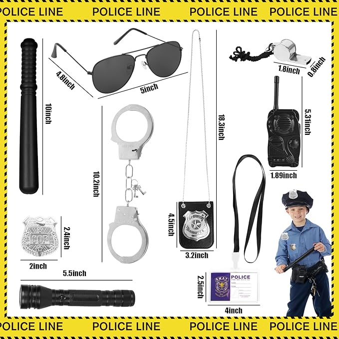 3 otters 9PCS Police Pretend Play Toy Set, Police Accessories for Kids Include Badge, Handcuffs, Walkie, and More for Dress Up Party, Role-playing, Christmas Gift for Kids