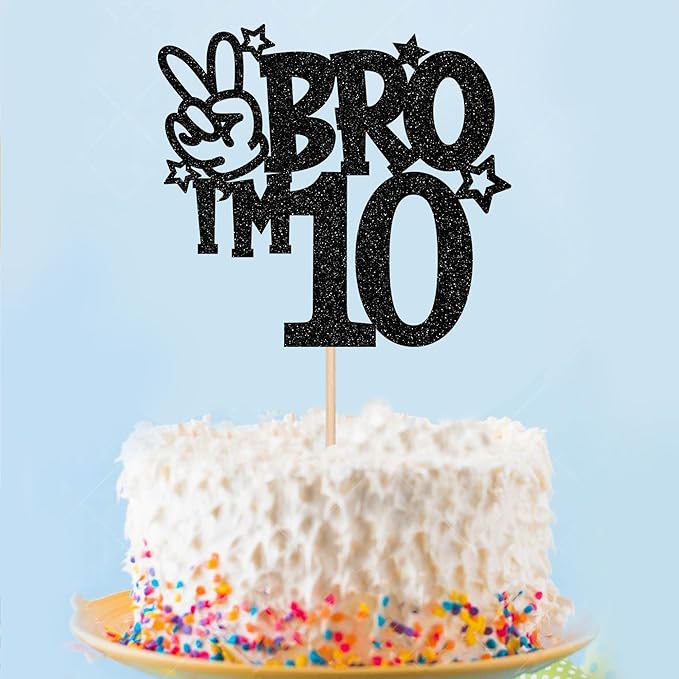 1 PCS Brother I'm 10 Cake Topper Glitter Star Happy 10th Birthday Cake Pick Bro I'm 10 Cake Decoration It's My 10th Birthday Decorations for Boys Cheers to 10 Years Old Birthday Party Supplies Black