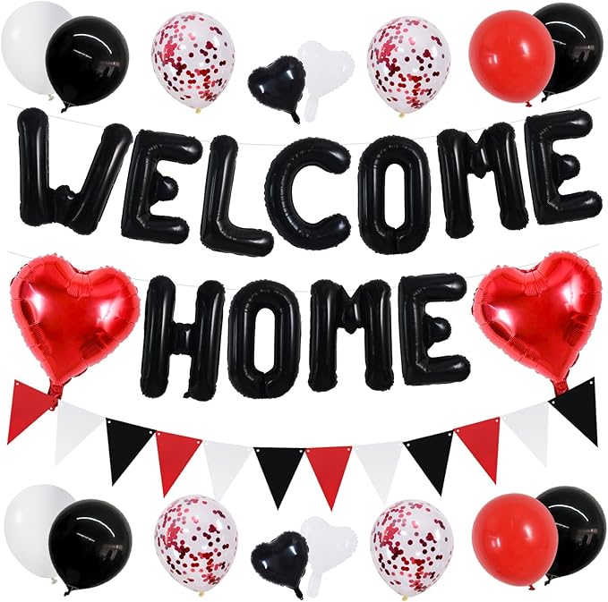 TONIFUL Welcome Home Decorations,16Inch Black Welcome Home Foil Balloon Banner Red Black Confetti Balloons Pennant Flag Bunting for Homecoming Party House Warming Party Family Gathering Supplies