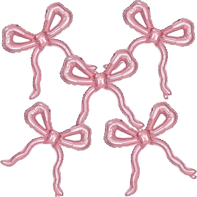 5pcs Light Pink Bow Balloons Coquette Birthday Decorations, Giant Pearl Baby Pink Bow Foil Mylar Balloon for Girls Women Bow Themed Party Decor Baby Shower Bridal Wedding Bachelorette Party Supplies