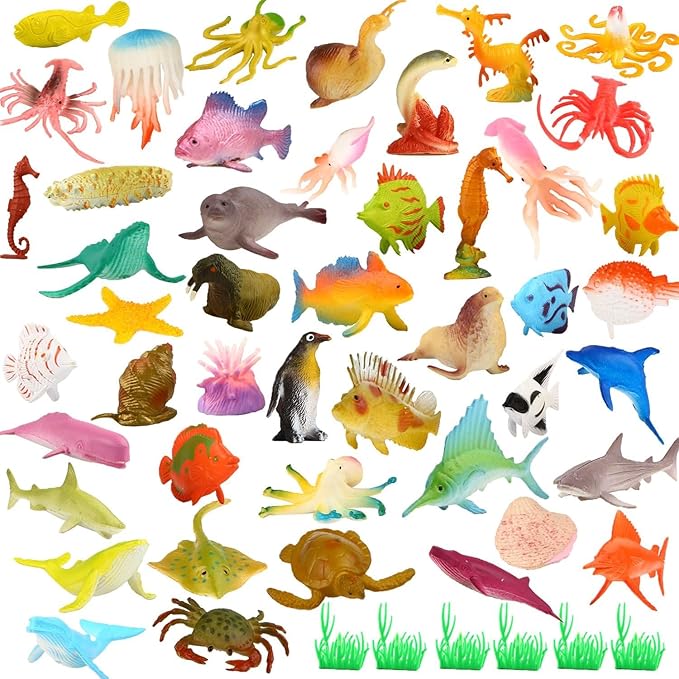 Funcorn Toys Ocean Sea Animal, 52 Pack Assorted Mini Vinyl Plastic Animal Toy Set, Realistic Under The Sea Life Figure Bath Toy for Child Educational Party Cake Cupcake Topper,Valentines Day Gift