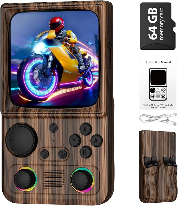 R36T MAX Upgraded Retro Handheld Game Console with 4000mAh Battery, 4.0'' IPS Screen, Retro Gaming Console with Portable Case, Supports WiFi Networked Fighting and OTG(Wood Grain Coffee Brown)