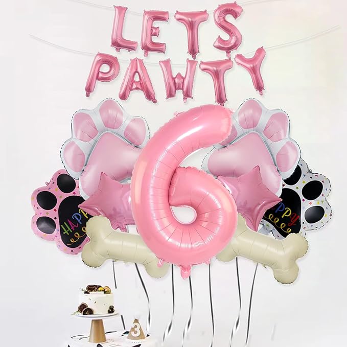 6th Dog Balloons 18pcs Lets Pawty Balloons Dog Paw Birthday Decor Pink 32 inch Pink Number Balloons 6 Mylar Foil Balloons for Lets Pawty Birthday Decorations Dog 6th Birthday Party Supplies