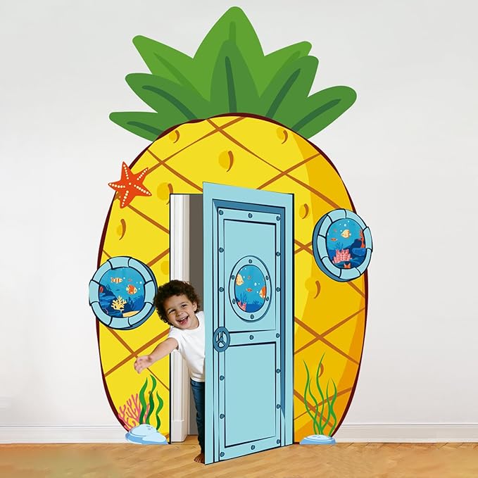 Pineapple Party Decorations Carton Sponge Birthday Porch Banner Backdrop Yellow Cartoon Party Supplies Door Decoration Banner Sea Animals Photo Booth Backdrop Hanging for Sponge Birthday Photo Props