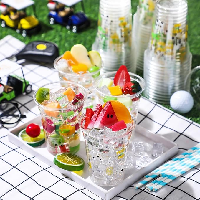 Qinyoung 100 Pcs Golf Party Supplies Bulk Clear Plastic Cups 12oz Disposable Let's Par-tee for Home Sports Golf Ball Themed Birthday Bachelor Party Supplies Favors (Yellow,Green,White)