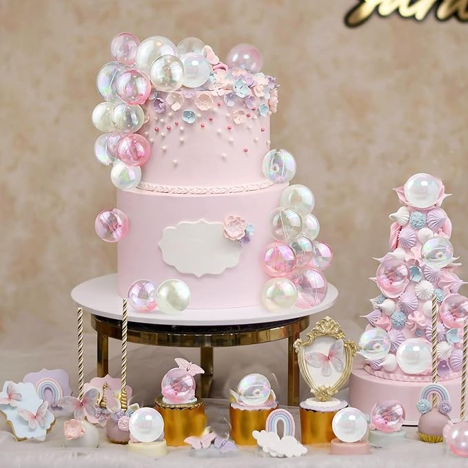 32 PCS Colorful Ball Shaped Cake Topper Pearl Balls Cupcake Cake Insert Topper for Birthday Party Wedding Decoration (White Clear Pink)