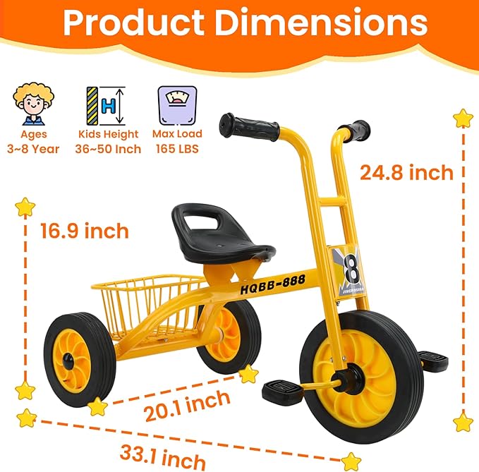 Kids Tricycle for Ages 3-8, Kids Trike with Adjustable Seat, Storage Basket, Preschool Daycare Toddler Bike, Birthday Gift and Toy for Boys and Girls