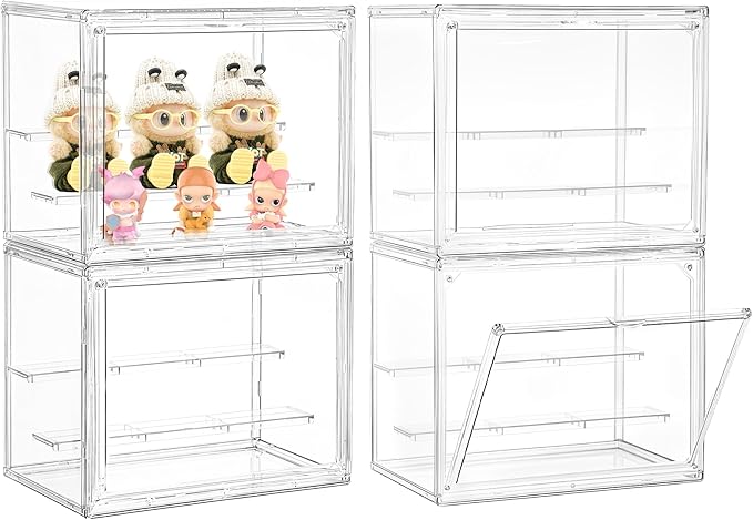 Small Acrylic Display Case for Collectibles 3 Layer Adjustable Display Case with Magnetic Door Clear Stackable Display Box for Mini Figures, 4 Pack