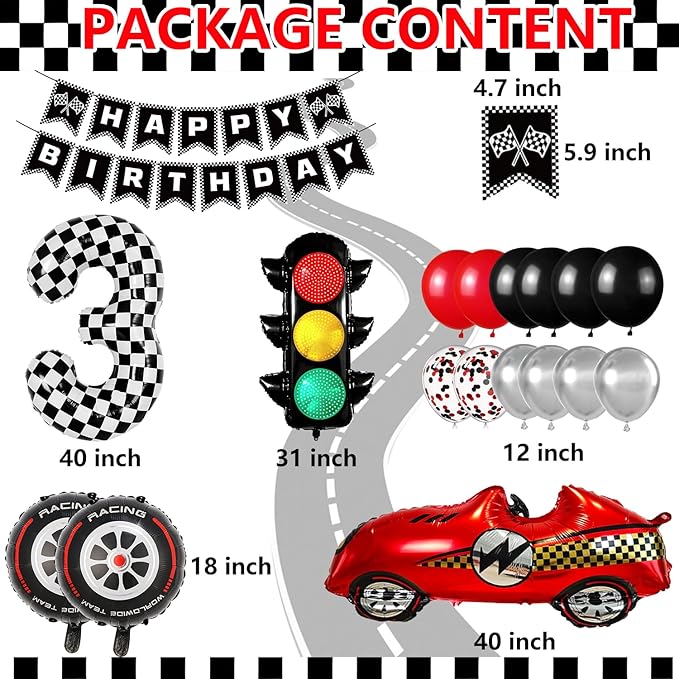 Race Car Birthday Party Decorations, with 40 Inch Number 3 Balloon, Happy Birthday Banner, Traffic Light and Foil Tire Balloon for 3rd Car Themed Birthday Party Supplies