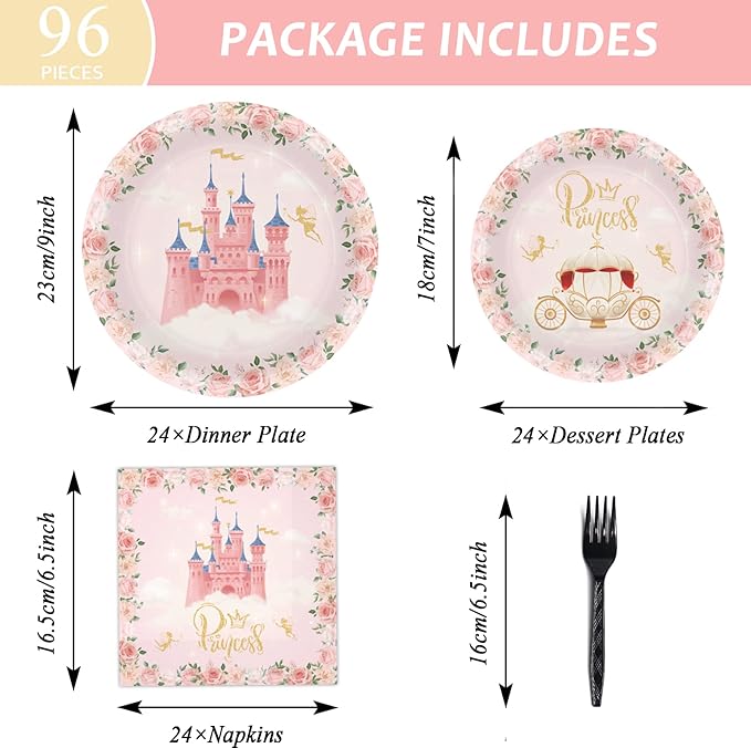 96 Pcs Princess Party Supplies - Pink Floral Tableware Set With Plates and Napkins for Girls Birthday Baby Shower - Decorations and Favors Serving 24