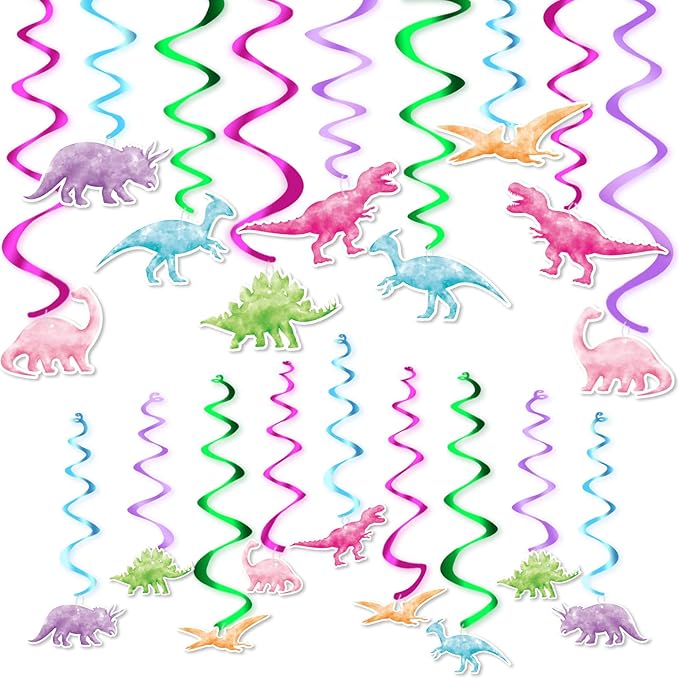 WERNNSAI Watercolor Dinosaur Party Hanging Swirl - 24Pcs Dinosaur Party Decorations for Girls Kids Birthday Baby Shower Foil Whirls Ceiling Streamers Spirals Dino Theme Party Supplies