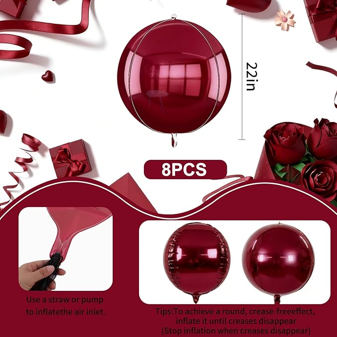 TONIFUL 8Pcs 22inch Large Wine Red 4D Giant Round Foil Balloon 4D Metallic Mylar Sephere Balloons for Christmas New Year Birthday Party Graduation Wedding Bridal Shower Decoration Supplies
