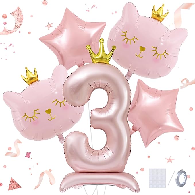 Pink Cat Balloon Set, Crown Cat Foil Balloon, 3 Year Old Girl Birthday Party Decoration, Cat Theme Party Decoration, Theme Party Supplies for Girls Kitten Pet Cat (3)