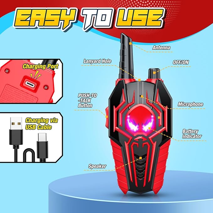 Rechargeable Walkie Talkies for Kids: Christmas Toys Gifts for Boys Ages 3 4 5 6 7 8 9 Kids Walkie Talkies 2 Pack Outdoor 2 Way Radio Hiking Toy for 3-6 Year Old Boy Birthday Gift Stocking fillers