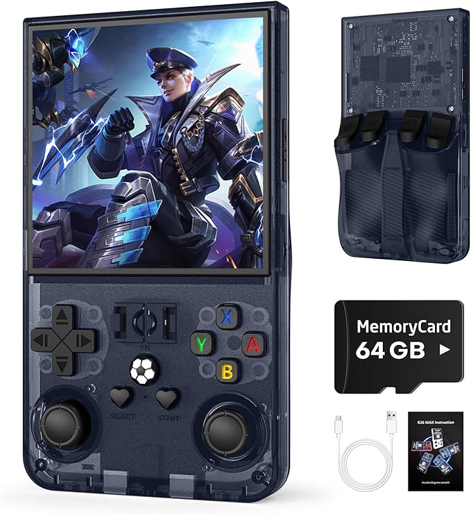 R36MAX Retro Handheld Game Console, 64GB Retro Gaming Console with 4.0 Inch Screen, Portable Video Game Consoles with 4000mAh Battery and Multiple Emulators, Open Linux System (Transparent Gray)