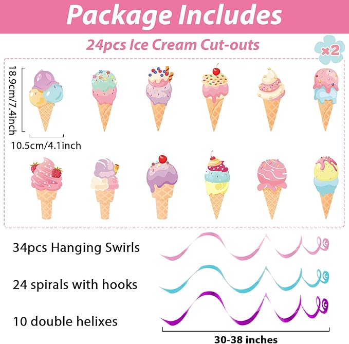 Chunnin 58Pcs Ice Cream Party Hanging Swirls Ice Cream Birthday Party Decoration Summer Creams Theme Ceiling Streamers Colorful Swirl Dessert Cone Streamers for Christmas Holidays Baby Shower Supplies