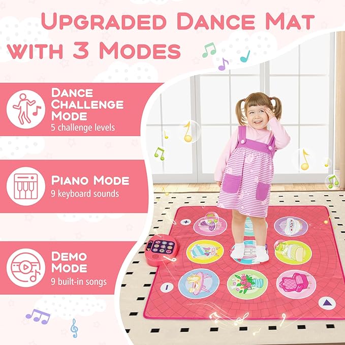 HONEY JOY Dance Mat, Pink Electronic Dancing Pad w/3 Game Modes, 5 Challenge Levels, 9 Keyboard Sounds, 9 Songs & Adjustable Volume, Musical Rhythm Step Play Mat, Gift for 3+ Years Old Girls Boys